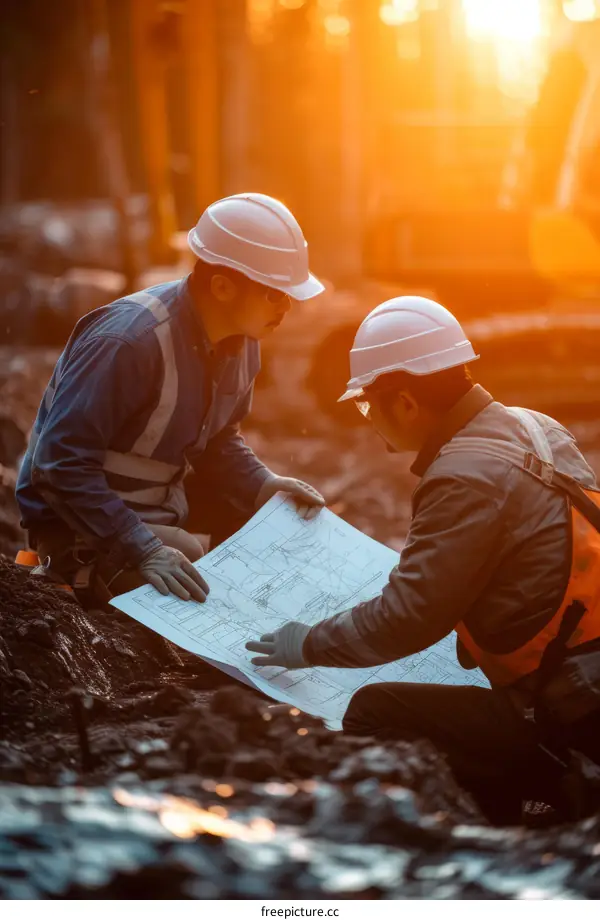 Two construction workers are looking at a blueprint together.
