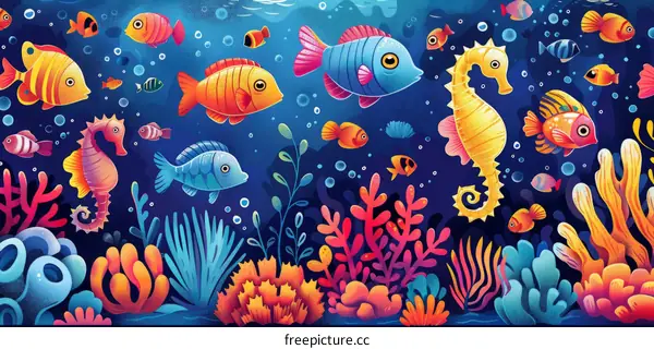 Colorful fish and seahorse gather around the coral reef