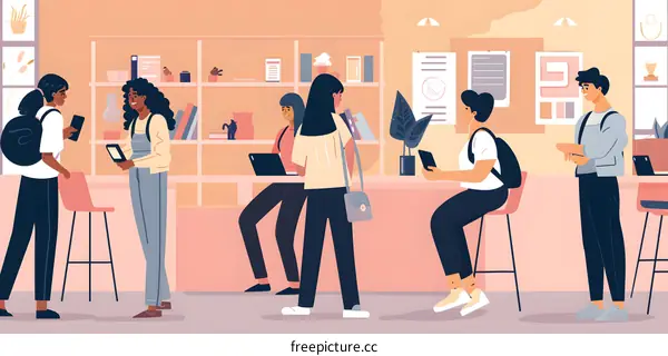 Students Talking And Working Together In A Modern Library