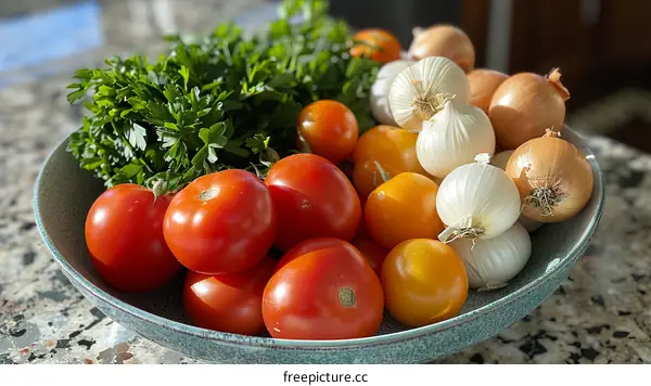 A bowl of tomatoes, onions, and parsley