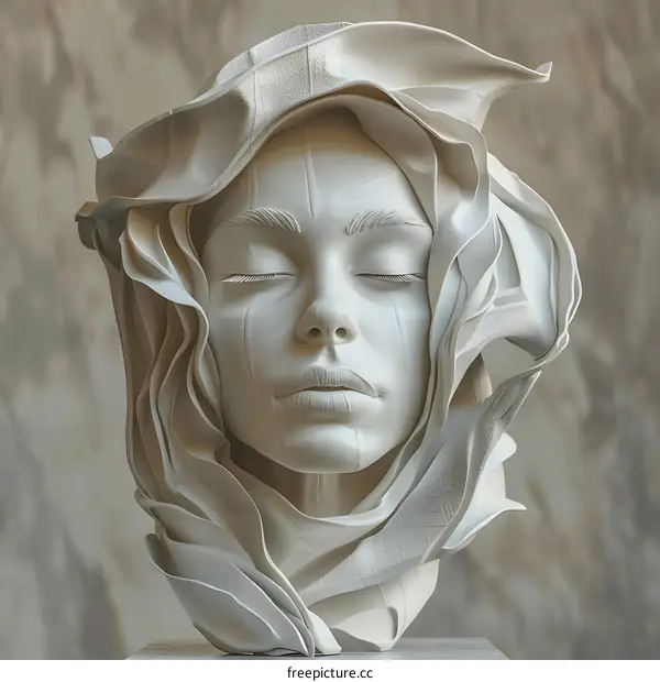 A 3D rendering of a womans face with leaves wrapped around it.