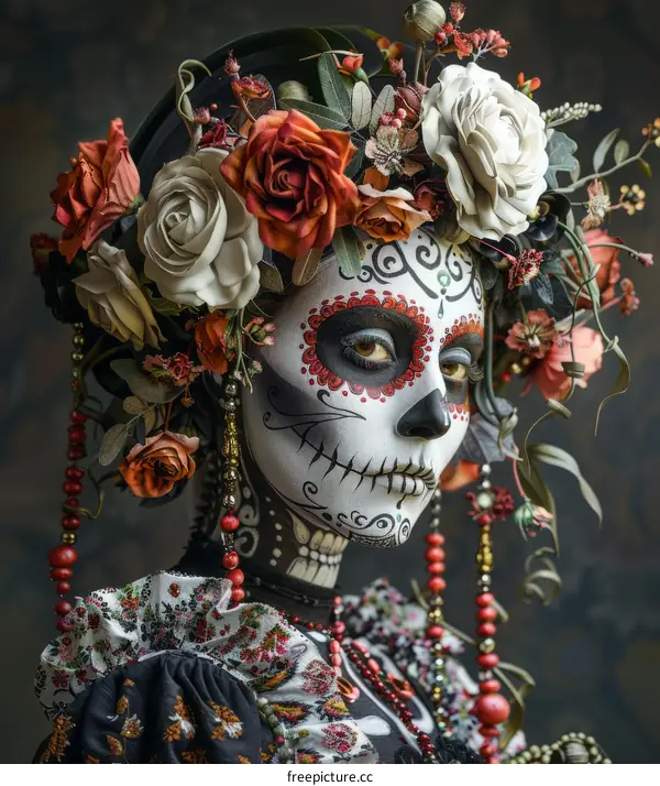 A young woman wearing a traditional Mexican headdress with flowers and beads