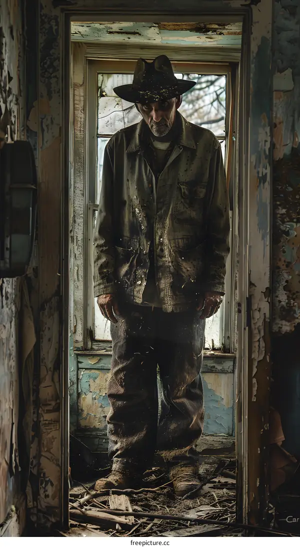 An old man standing in a doorway