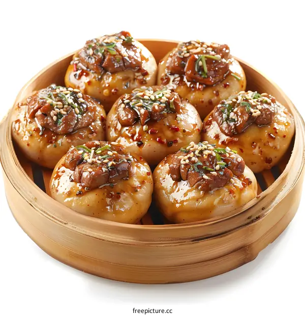 Steamed buns with meat and sauce in a wooden steamer