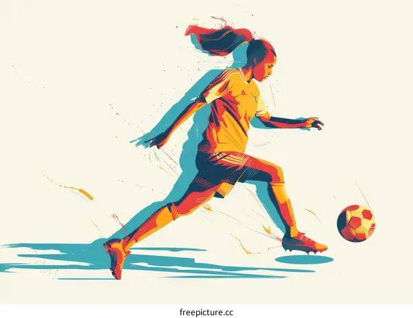 Colorful illustration of a female soccer player in action