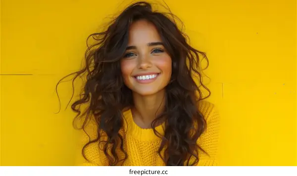 portrait of a beautiful young woman with long brown hair smiling wearing a yellow sweater against a yellow background