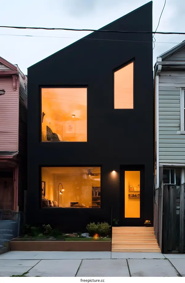 Black House with Large Windows and Wooden Stairs