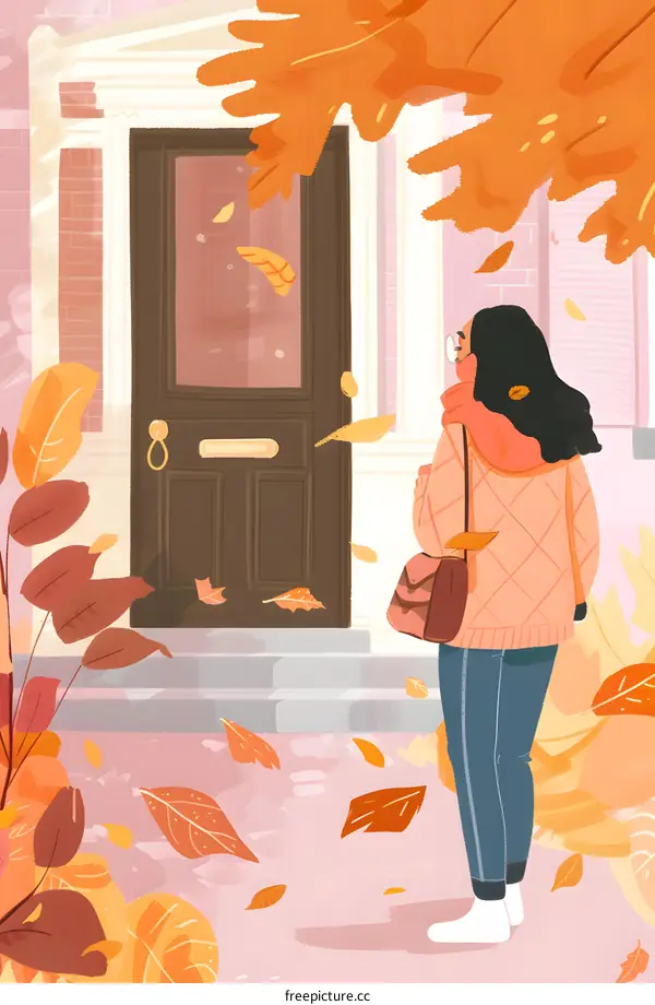 Autumn Leaves Falling Around Woman In Front Of Door