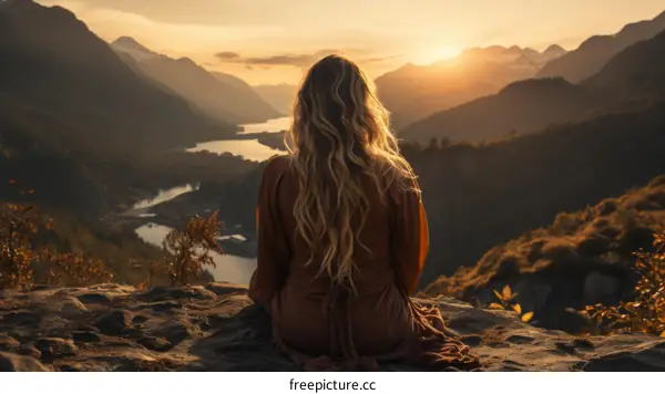 Woman Overlooking Mountain Lake at Sunset
