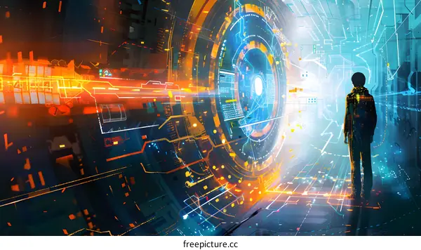 Silhouette of a Person Standing in a Futuristic Digital World