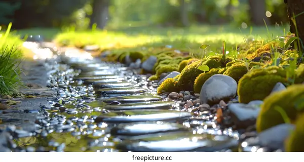 Stone Pathway with Stream and Green Moss