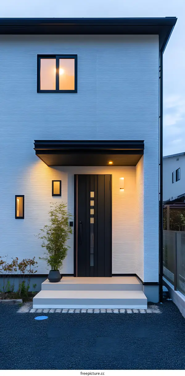 Modern House Exterior with Black Door and Stone Pathway