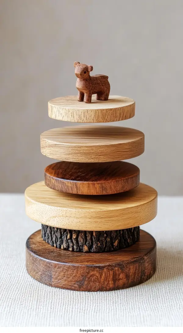 Stack of Wooden Circles with Small Animal Decor