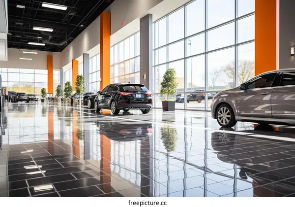 Car dealership interior with shiny floor and large windows