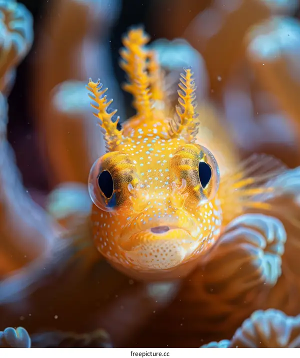 Orange-dotted pygmy goby fish with blue-tipped tentacles
