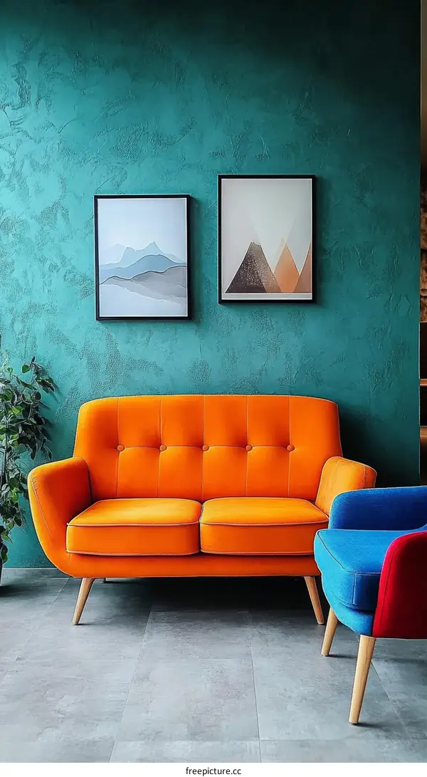 Modern Living Room with Orange Sofa and Teal Walls