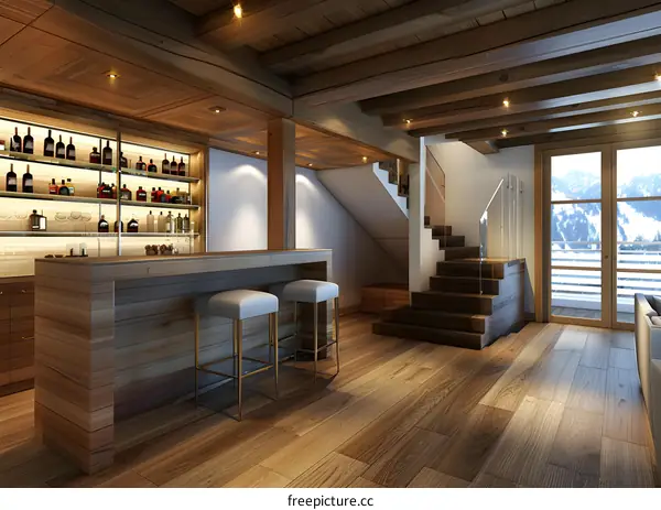 Modern Wooden Bar Interior Design With Exposed Beams