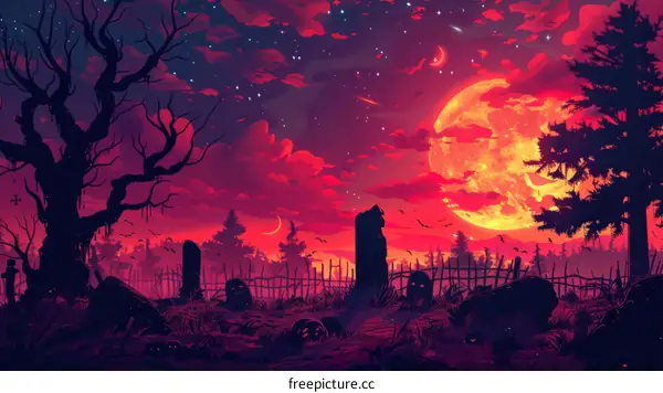 Graveyard at night with a blood red moon