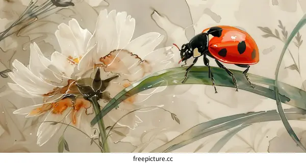 Red Ladybug on White Flower Blossoms