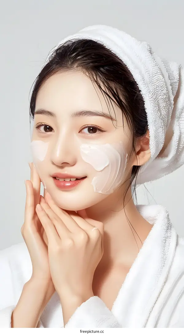 Beautiful Asian Woman Applying Face Cream Skincare Routine