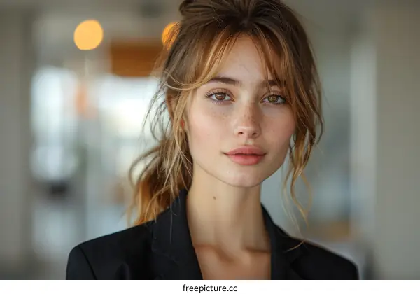 portrait of a young woman with freckles and brown hair