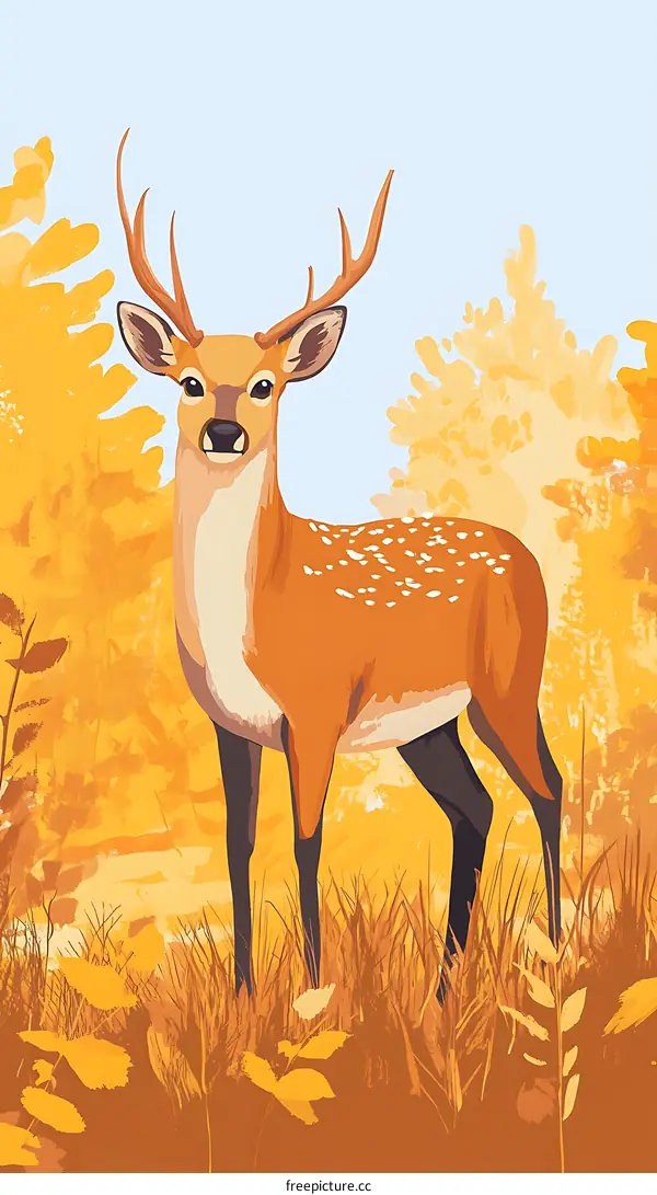 Brown Deer Illustration with Yellow Leaves