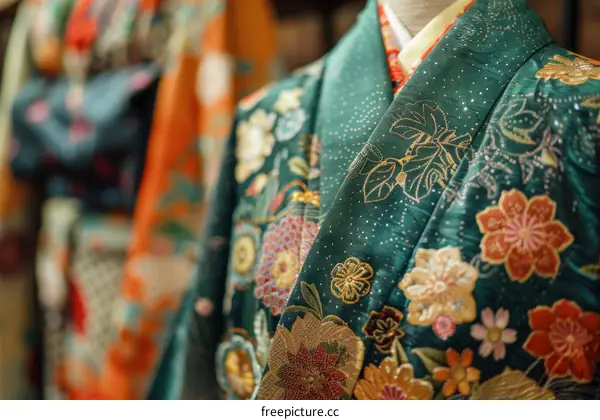 A close-up of a kimono with intricate embroidery.