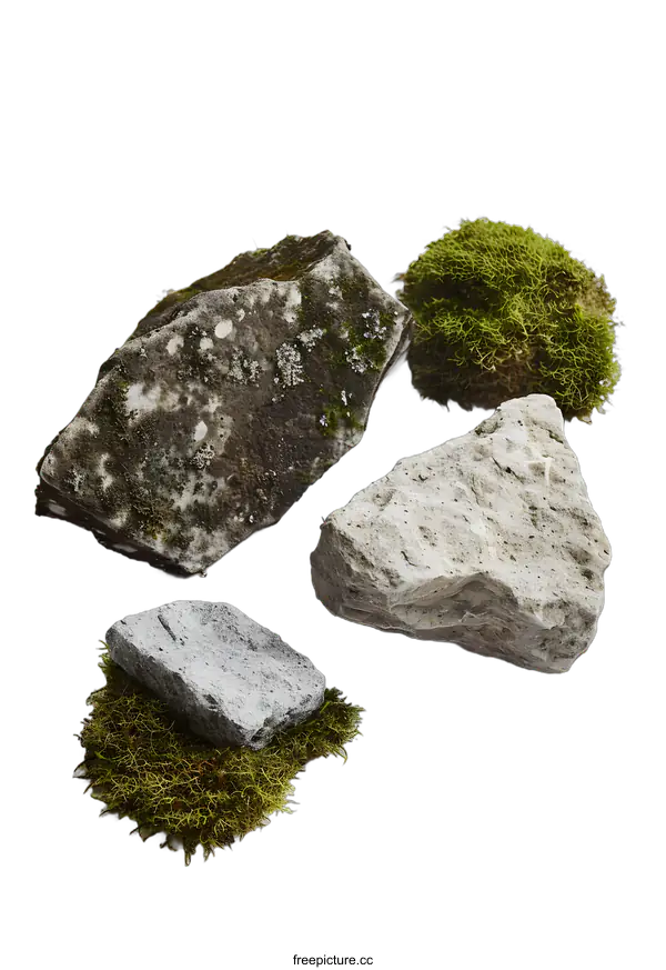 [Transparent Background PNG]White Background Close Up of Rocks and Moss