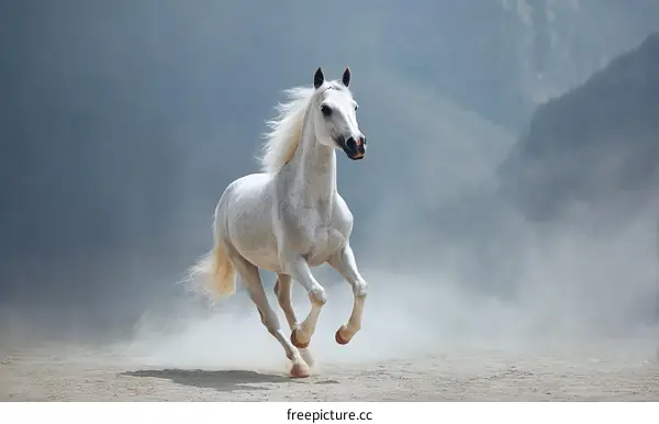 Majestic White Horse Running in a Dramatic Landscape