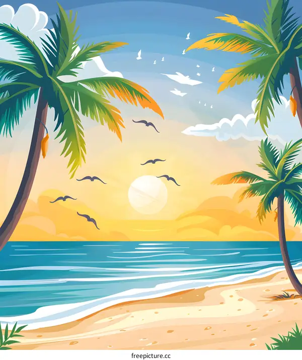 Tropical Beach Sunset Illustration