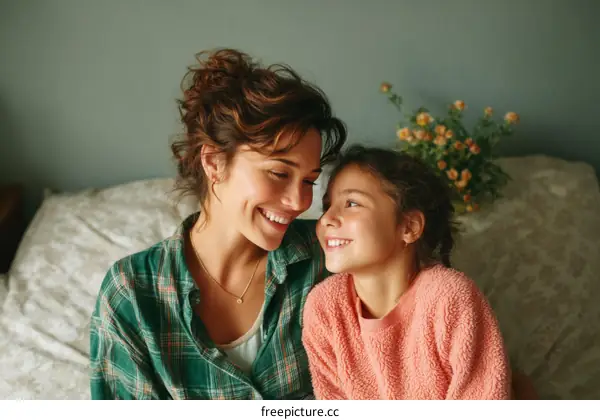 Happy mother and daughter sitting together in cozy bedroom