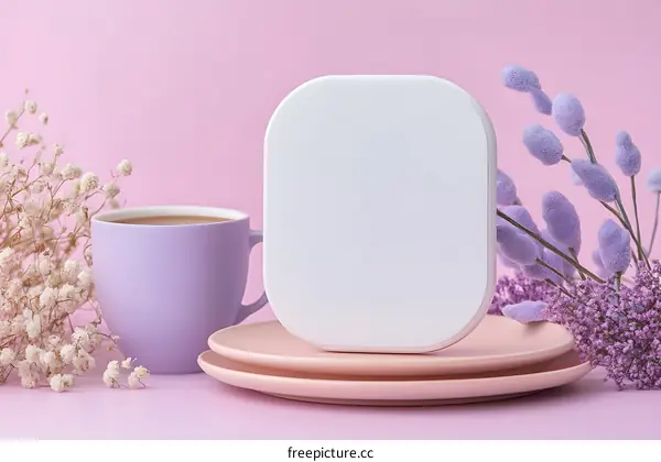 White Square Mockup on Pink Background with Coffee Cup and Flowers