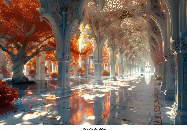 Fantasy Palace with White Marble Columns and Autumn Foliage