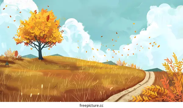 Autumn Landscape with Yellow Tree and Winding Path