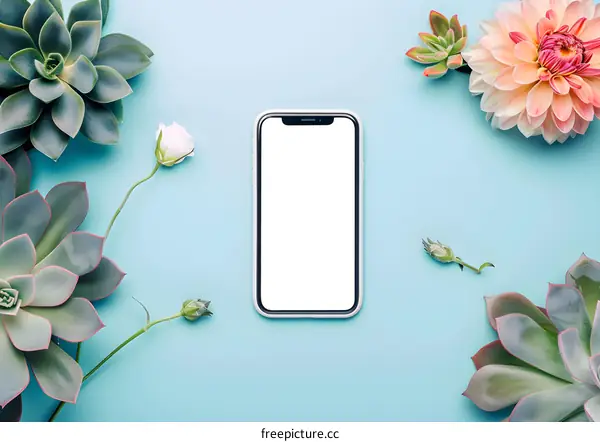 White Smartphone with Flowers and Succulents on Blue Background