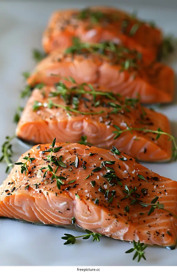 Four pieces of raw salmon fillet with herbs and spices
