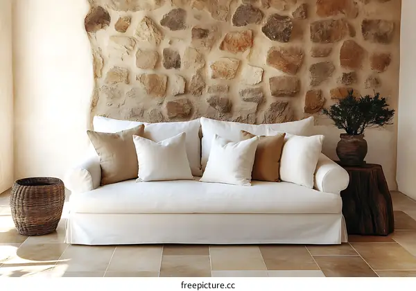 White Sofa in a Stone Wall Living Room