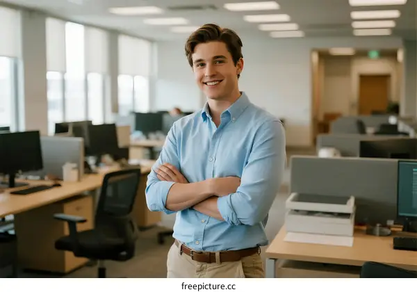 A young man standing in a modern office with crossed arms