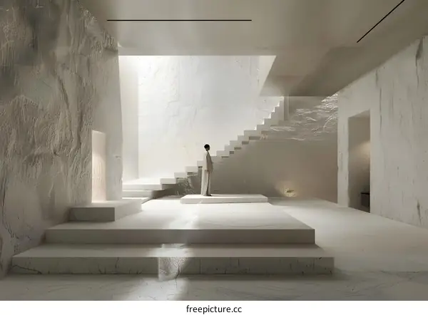 Minimalist White Interior with Woman and Stairs