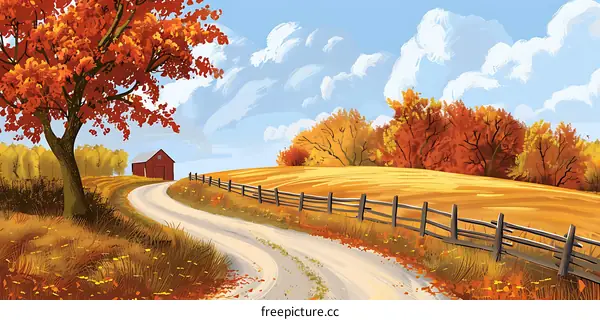 Autumn Landscape with Red Barn and Winding Road