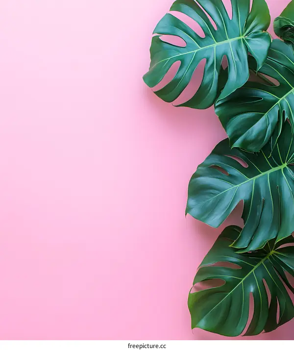 Tropical Green Monstera Leaves on Pink Background