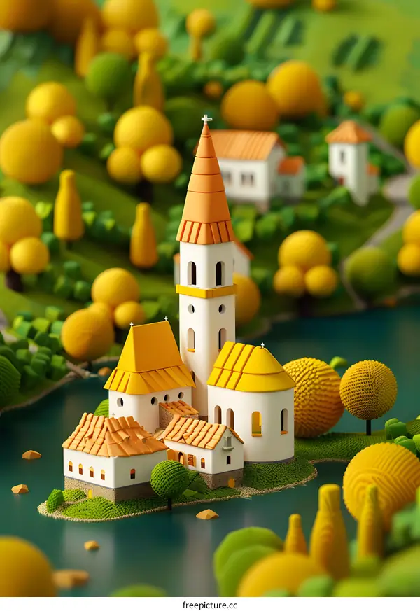 3D Illustration of a Small Village with a Church and a Lake