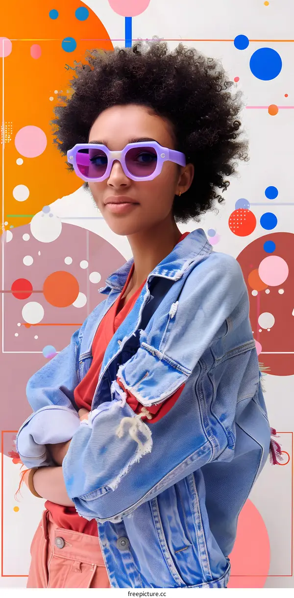 Fashion Portrait of a Young Woman in a Denim Jacket and Sunglasses