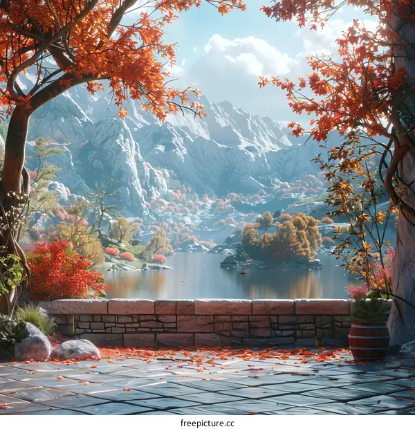 Autumn Fantasy Landscape with Mountains and Lake