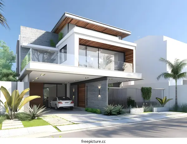 Modern White House with Glass Balcony and Garage