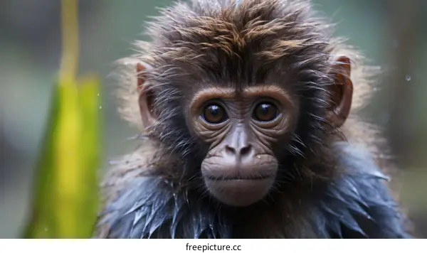 A monkey is looking at the camera with a curious expression on its face
