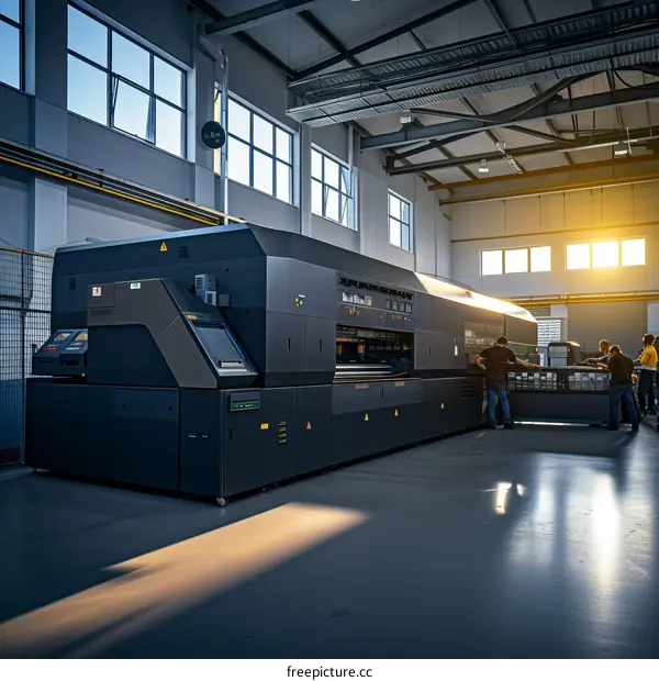 Industrial printing machine in a large print shop with workers