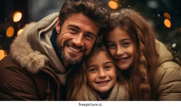 Happy family of three posing for a photo in the snow during winter