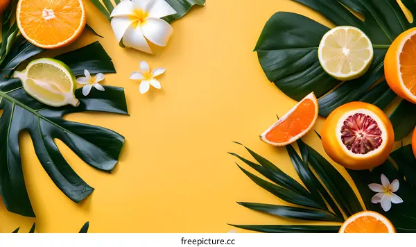 Tropical Fruits and Flowers on a Yellow Background