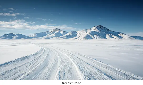 Snowy landscape with mountain range in the distance